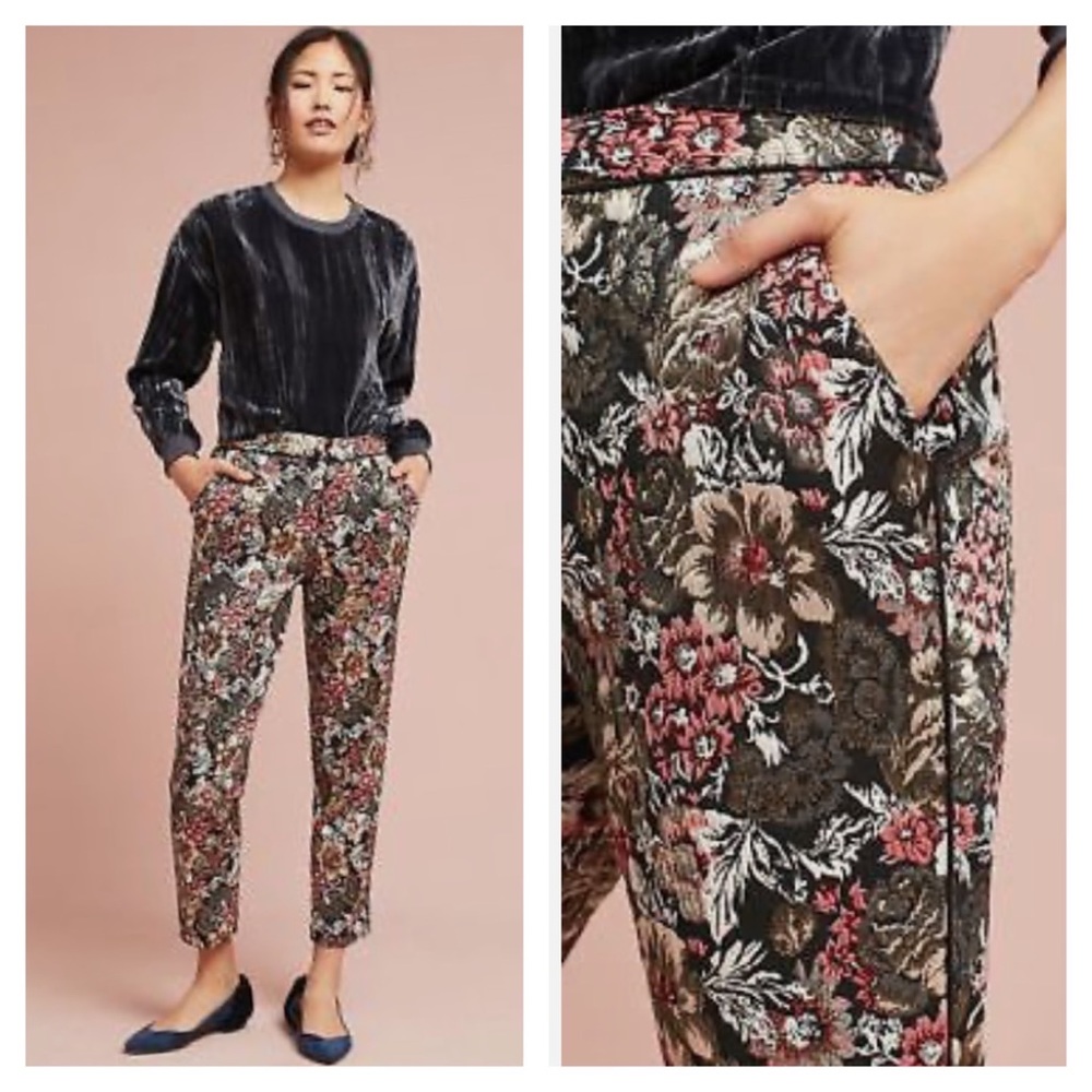 NWT Anthropology Maeve Jacquard Slim Trousers Black/Multi Size 6